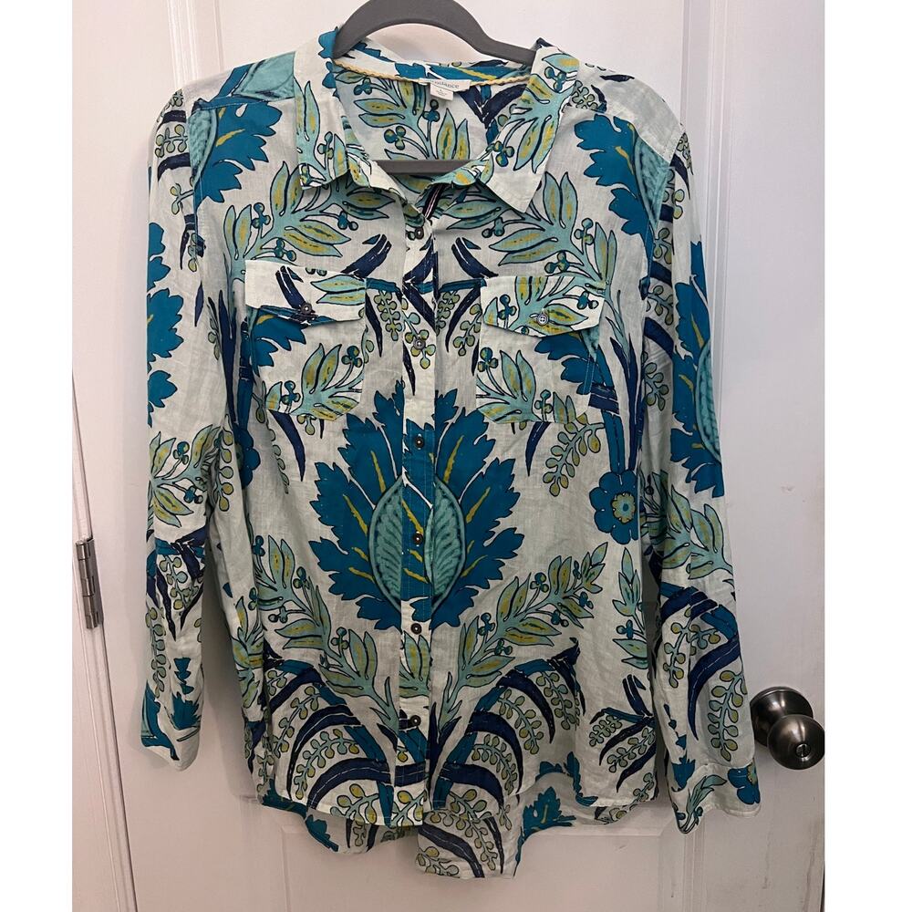 Sundance Western Cowgirl Teal Green Floral Cotton Button Down Shirt L whimsical